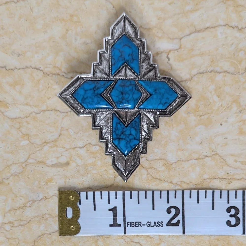 Vintage Sarah Coventry Southwestern Turquoise Silver Tone Inca Brooch Pin